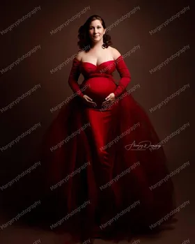 2 Parça Üzerinde Tül İle Kırmızı Mermaid Hamile Elbisesi Etek Uzun Kollu Gelinlikler Ağırbaşlı Kapalı Omuz Kabarık Gebelik Elbise