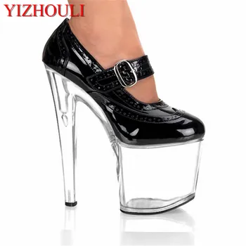 20 CM Seksi Ultra Yüksek Topuklu platform ayakkabılar Performans Ayakkabı Platformu Siyah PU Deri Tek Ayakkabı 8 İnç Moda Kristal Ayakkabı