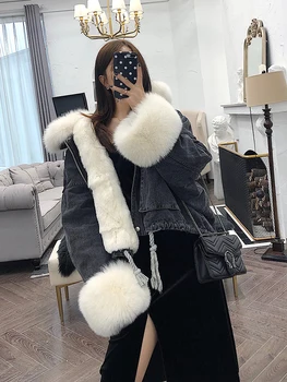 2019 Kış Ceket Kadınlar Gerçek Tilki Kürk Yaka Manşetleri Tavşan Astar Denim Parka Sıcak Gevşek Giyim Streetwear Çıkarılabilir