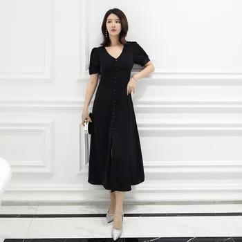 2020 Yeni Bahar Yaz Seksi 5XL Artı Boyutu Elbise Kadın Bölünmüş Gevşek Siyah Midi Elbise Bayanlar Katı Marka Kore Pist Elbise Kadın