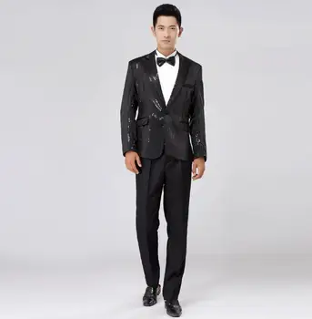 2020 yeni varış sequins ince erkek takım elbise pantolon ile set erkek takım elbise düğün damat resmi elbise takım elbise + pantolon sahne şarkıcı siyah kırmızı