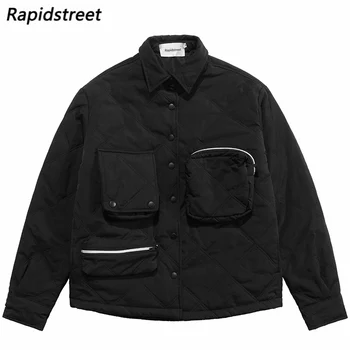 2021 Erkekler Hip Hop Streetwear Ceket Ceket Kürklü Mektup Cepler Ceket Harajuku Pamuk Rahat Ceket Sonbahar Kış Dış Giyim Siyah