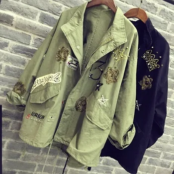 2021 Kadın pamuklu ceket Ceket Rahat Kadın Bombacı ceket Nakış Aplike Perçinler Boy Kadın Ceket Ordu Yeşil