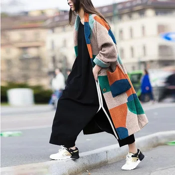 2021 Kadın rahat uzun ceket geometrik baskı sokak moda sıcak ceket siper