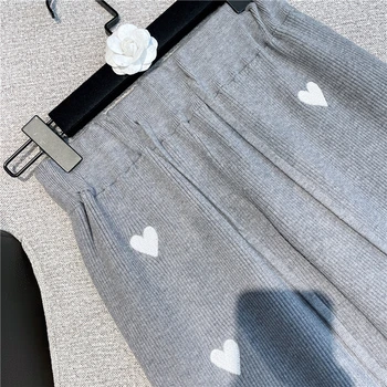 2021 Kış Yeni Kadın Batı Slim Fit Aşk Işlemeli Dantel-up Pantolon Kadın Moda Katı Yüksek Bel Geniş Bacak Örme Pantolon