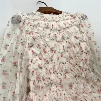 2021 Sonbahar Yeni Varış En Kaliteli Pembe Çiçek Baskı Uzun Kollu Fırfırlı Örgü Mini Elbiseler