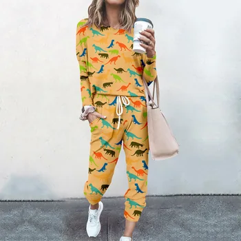 2021 İlkbahar Sonbahar Dinozor Baskı Eşofman Kadın 2 Parça Set Gevşek Basit Sokak Stil Uzun Kollu Casual Suit Giyim