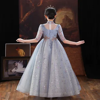 2022 Bahar Sonbahar Zarif Tasarım Kızlar Lüks Doğum Günü Düğün Paty Prenses Uzun Elbise Modeli Gösterisi Podyum Piyano Konak Elbiseler