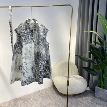 2022 Bahar Tasarımcı Siyah Beyaz Ahtapot El Boyama Bayanlar Kolsuz Deniz Altında Poplin Pamuk Mini Elbise