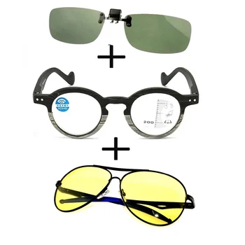 3 Adet!!! Ilerici yuvarlak Anti Blu ışık okuma gözlüğü erkek kadın + polarize güneş gözlüğü Pilot gece görüş + güneş gözlüğü Klip