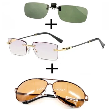 3 Adet!!! Çerçevesiz Çerçevesiz Lüks okuma gözlüğü Erkekler Kadınlar için + Alaşım Polarize Güneş Gözlüğü Pilot + Güneş Gözlüğü Klip