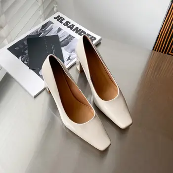 ALLBITEFO Boyutu 33-40 Gidip Moda Rahat Hakiki Deri Sokak Loafer'lar Yüksek Topuk Ayakkabı Ofis Iş Kadın Topuklu Ayakkabı