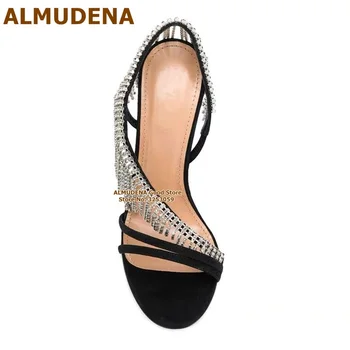 ALMUDENA Bling Bling Kristal Dökümlü Fringe Sandalet Siyah Patchwork Glitter Rhinestone Düğün Ayakkabı Kadın Yaz Püskül Pompaları