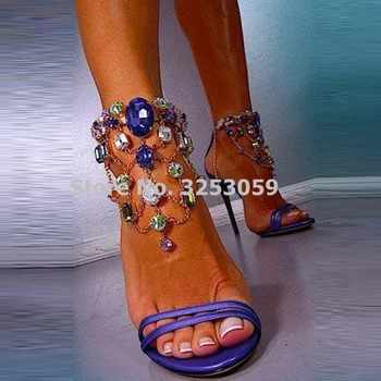 ALMUDENA Zarif Çok renkli Örtü Boncuklu Düğün Ayakkabı Bling Bling Kristal Zincir Pompaları Mücevher Takı Süslenmiş Elbise Ayakkabı