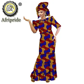 Afrika Baskı Elbiseler Kadınlar için Elbise ve Headwraps Eşleştirme Baskı Kısa Kollu Uzun Maxi Elbise Dashiki Ankara Giyim S2025010