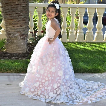 Allık Pembe Doğum Günü Prenses Çiçek Kız Elbise Kıyafeti Bebek Çocuk Düğün parti giysileri Ilk Comunion Vestido De Comunion