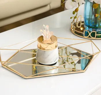 Altın Plaka Şeker Tatlı Tepsisi Geometrik Kaplama Metal Cam Ayna Tabağı Takı Ekran Plakaları Avrupa Rustik Ev Dekor