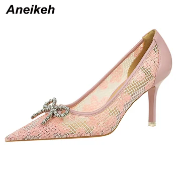 Aneikeh Kelebek-Düğüm Havalandırma Kadın Bahar Ayakkabı Dize Boncuk Pamuk Kumaş Hollow Pompaları Ince Topuklu Sivri Burun Oyalamak
