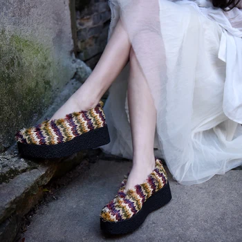 Artmu Yazdım Kontrast Renk Çizgili platform ayakkabılar kadın Kama Topuklu El Yapımı Kadın Ayakkabı Yuvarlak Ayak Kalın Taban Ayakkabı