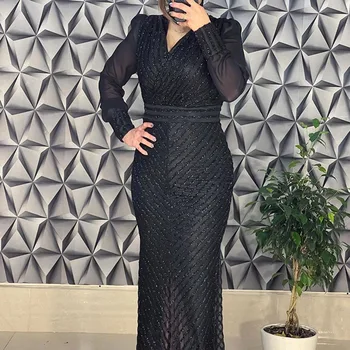 Artı Boyutu Siyah Pullu Seksi Elbise Kadınlar Uzun Kollu Lüks Glitter Zarif Kadın Yemeği Örgün Balo Maxi Parti Elbiseler Büyük Boy