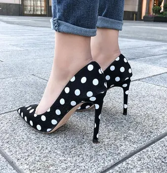 Ayakkabı, kadın yüksek topuklu, siyah ve beyaz puantiyeli moda, seksi sivri ayakkabı, büyük boy ayakkabı ile 11cm