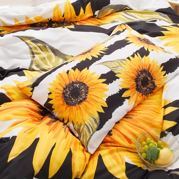 Ayçiçeği nevresim yatak örtüsü seti Çizgili Yatak Siyah Çizgili Sarı Ayçiçeği Tasarım Beyaz Siyah Erkek Kız Dropshipers yatak takımları