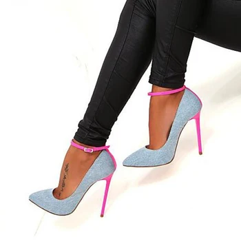 Bahar Seksi Süper Yüksek Topuk Pompaları Mavi Denim Gül Ayak Bileği Kayışı Kadın Sivri Burun Yüksek Topuklu Parti Stilettos ayakkabı Kadın