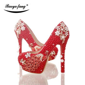 BaoYaFang Kırmızı ınci boncuk Bayan düğün yüksek topuklu ayakkabı moda kadın parti elbise ayakkabı Lüks tavuskuşu kadın ayakkabısı Pompaları