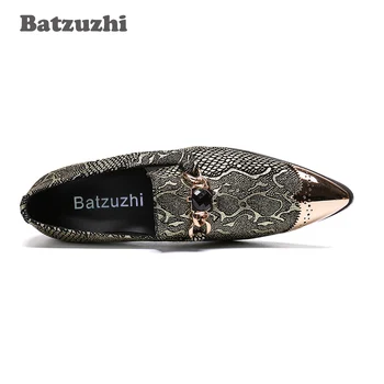 Batzuzhi El Yapımı Erkek Ayakkabı Sivri Metal Ayak Balık Pulu Desen Deri erkek mokasen ayakkabıları Daireler tasarımcının Resmi Ayakkabı Erkekler
