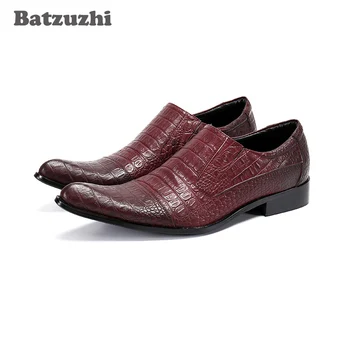 Batzuzhi Lüks El Yapımı erkek ayakkabıları Sivri Burun Şarap Kırmızı Hakiki Deri Elbise Ayakkabı Erkekler ıçin Iş, parti Zapatos Hombre