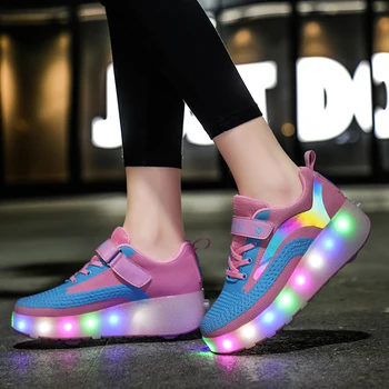 Boyutu 28-40 USB Şarj Çocuk Paten rahat ayakkabılar Erkek Kız LED Işıklı Yanıp Sönen Çocuklar Parlayan Sneakers Tekerlekler ile