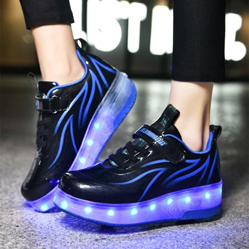 Boyutu 28-40 Çocuk USB Şarj Edilebilir Parlayan ayakkabı LED Iki Tekerlek Aydınlık Paten Çocuk Erkek Kız Light Up Sneakers