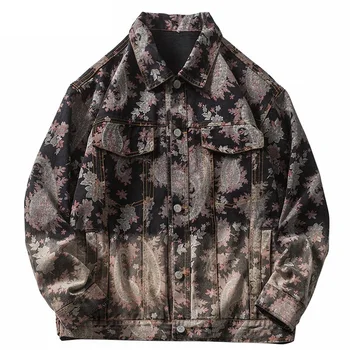 Ceket Vintage Sonbahar Yaprak Erkekler Streetwear Akçaağaç Baskı Denim Hip Hop Degrade Kot Ceket Harajuku Pamuk Dış Giyim Palto Giyim