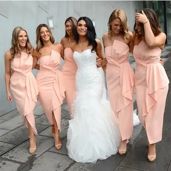 Elegant Satin Pink Pencil Bridesmaid Dresses Вечерние платья Formal Wedding Party Robe de Soirée de Mariage فساتين السهرة