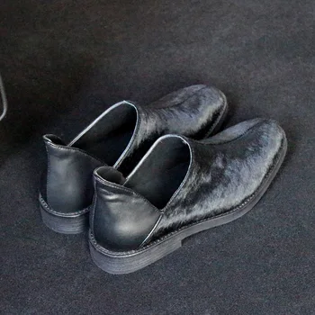 En kaliteli lüks at kılı rahat deri ayakkabı siyah gerçek ınek derisi deri düz ayakkabı üzerinde kayma erkekler sokak tarzı deri ayakkabı