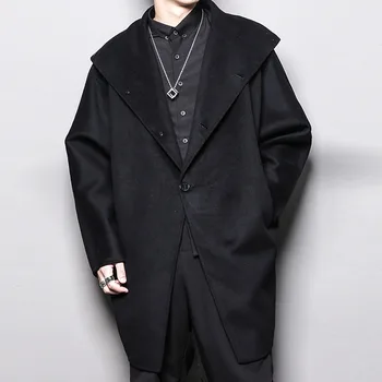Erkek Uzun Kollu Tüvit Ceket Gevşek Siyah Sonbahar Kış İngiliz Tasarım Gevşek Orta Uzun Tüvit Düzensiz Yüksek Yaka Ceket erkek
