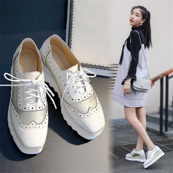 Etnik Tarzı Brock Dantel-Up Beyaz ayakkabı Kadın Yüksek Topuklu Oxfords Kalın Alt Platformu Rahat Kadın Sneakers Zapatos De Mujer