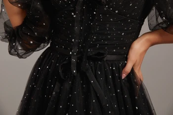 Fivsole Glitter Tül Siyah Stok A Hattı V Boyun Abiye Seksi Cap Kollu Arabistan Dubia Örgün Kulübü Parti Törenlerinde Balo Elbise