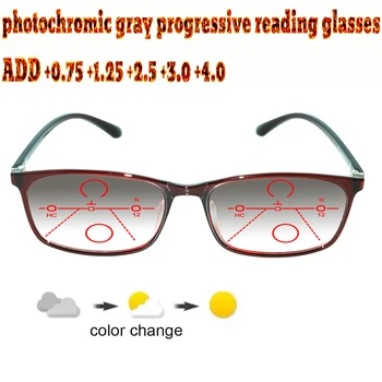 Fotokromik Gri Ilerici Multifokal Okuma Gözlükleri Bayanlar Woem Ultralight Kırmızı Çerçeve+1.0 +1.5 +1.75 +2.0 +2.5 +3 +3.5 +4