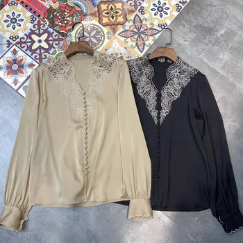 Fyıon Yüksek Kaliteli Sicilya Moda Pist Kadın Gömlek Ipek Retro Çiçek Nakış Zarif Bluz V Yaka 2021 bayanlar Üst