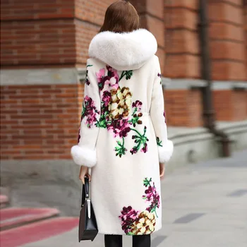 Gerçek Ceket Kadın Kış Sıcak Kalın Koyun Kesme Ceket Bayan Fox Kürk Yaka Uzun Ceketler Chaquetas Mujer HQ18-MC03C YY362