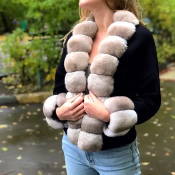 Gerçek Koyun Derisi Ceket Dikişli Tavşan Kürk Kırpma Yaka kadın Kış Kalın sıcak tutan kaban Vintage Kısa Kollu Ince Kısa Ceketler