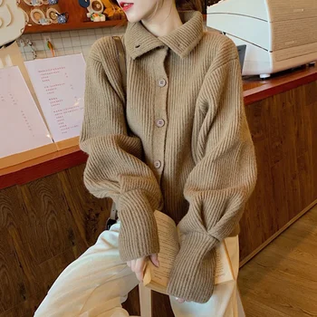 Gevşek örgü kadın sonbahar ve kış 2021 yeni uzun kollu ceket kazak tembel tarzı yüksek anlamda hırka
