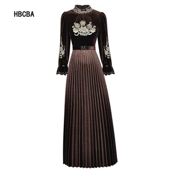 HBCBA 2021 Sonbahar ve Kış Pist Zarif Kadife Elbise kadın Stand-up yaka Hollow out nakış Vintage Parti Elbise