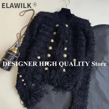 High-end Pist Tasarım Siyah Püskül Tüvit Ceket Kadın O-Boyun Moda Altın Kruvaze Zarif Bayan Retro Ceket Dış Giyim