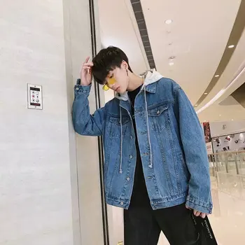 Hong Kong tarzı denim ceket erkek gevşek eğilim Kore versiyonu vahşi hip-hop denim ceket yakışıklı öğrenci kapüşonlu ceket