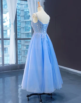 J66923 jancember balo parti elbiseler a-line v yaka spagetti kayışı boncuk mavi akşam elbise 2019 kleider damen abendkleid