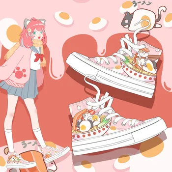 Japon Sevimli Anime Karikatür El Boyalı kanvas ayakkabılar Kız Öğrencilerin Yüksek Üst rahat ayakkabılar Kadın Sneakers Kadın Vulkanize Ayakkabı