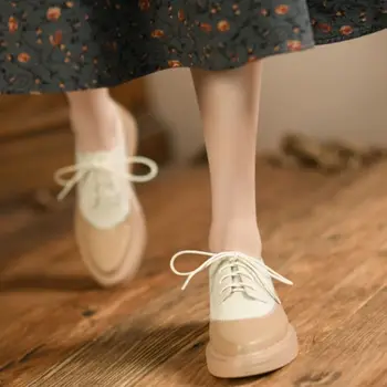 JonoFono Yeni Moda Kadınlar Gerçek Deri Flats Karışık Renk Dantel Up Açık Bahar Öğrenci Klasik Bayanlar Ayakkabı Boyutu 34-39