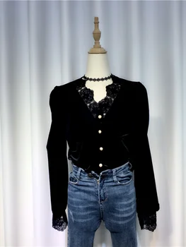 Kadife Dantel Patchwork Kadın Gömlek Sonbahar Yeni Uzun Kollu Düğme Ince Ofis Bayan Zarif Dış Giyim Tops